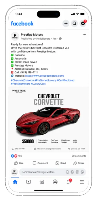 The same 2022 Chevrolet Corvette listing posted natively to Facebook