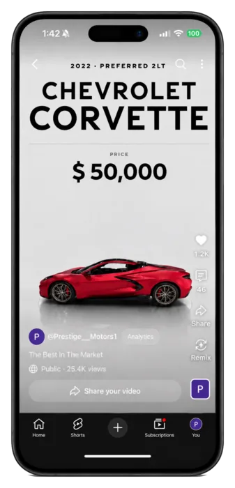 The same 2022 Chevrolet Corvette listing posted natively to YouTube Shorts